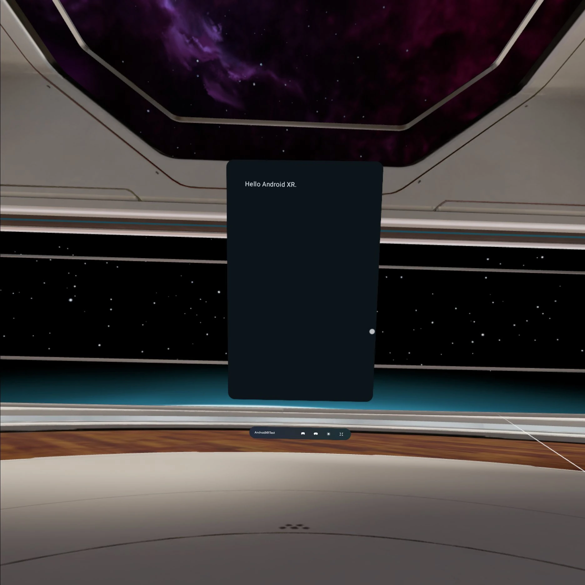The Hello Android XR app running on a Meta Quest 3S in VR
