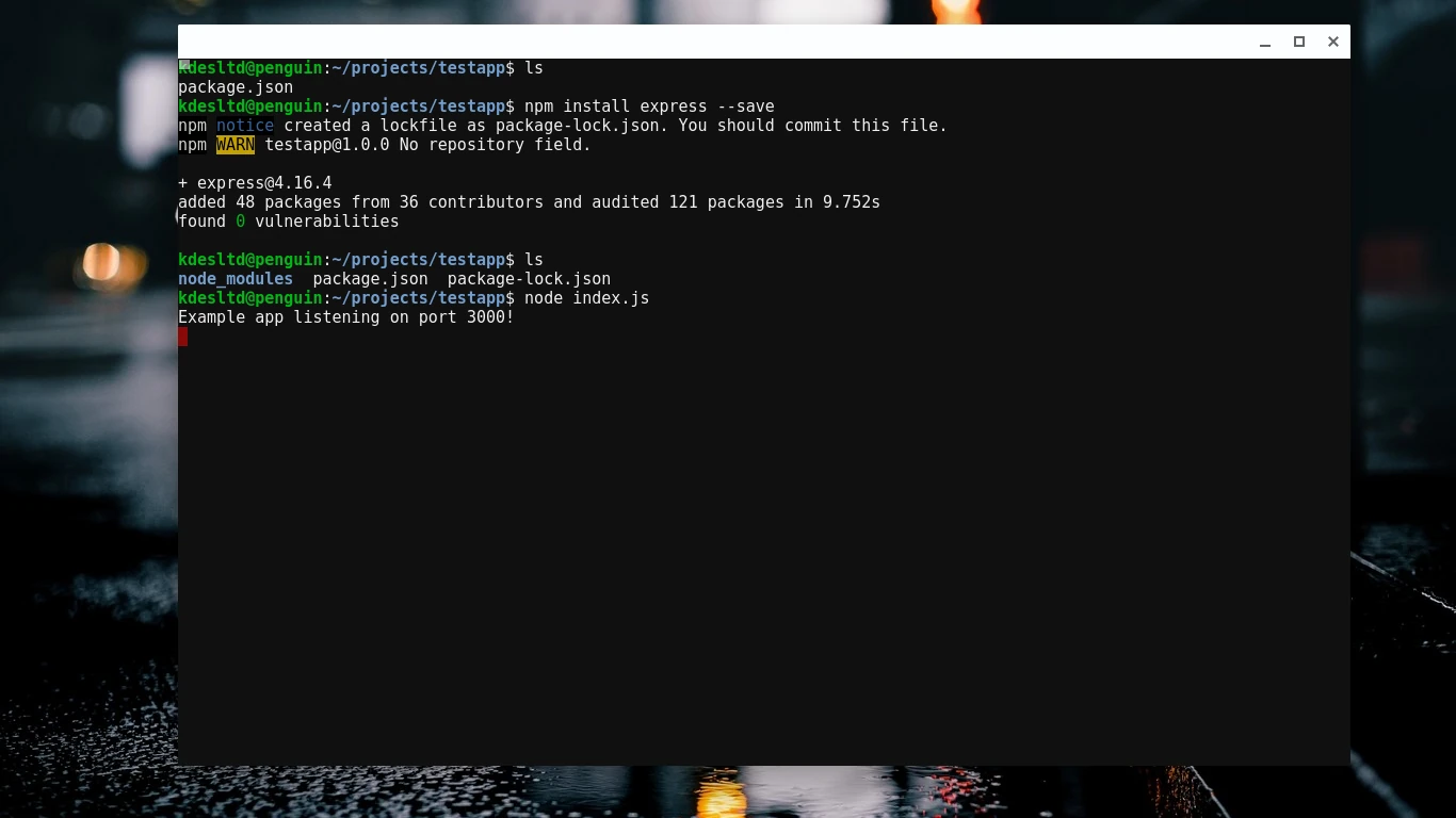 The Hello World app runs in the terminal.